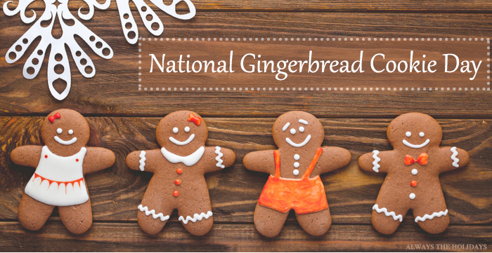 Four gingerbread men cookies on a wooden board with a text overlay reading "National Gingerbread Cookie Day". Four gingerbread men cookies on a wooden board with a text overlay reading "National Gingerbread Cookie Day".