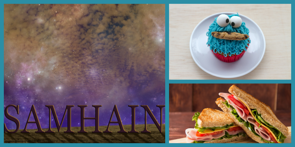 November National Days Samhain, cookie monster cupcake and sandwich.