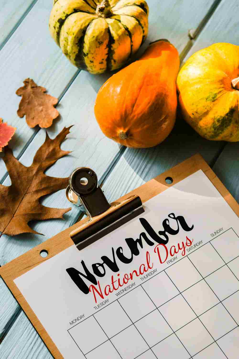 Get the List of the National Days in November Pumpkins and leaves with a calendar of November National Days..