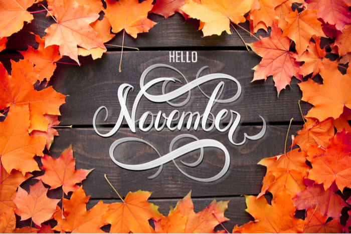 Hello November text overlay on top of wood surrounded by leaves. A text overlay reading "Hello November" on a wooden background with orange leaves around it.