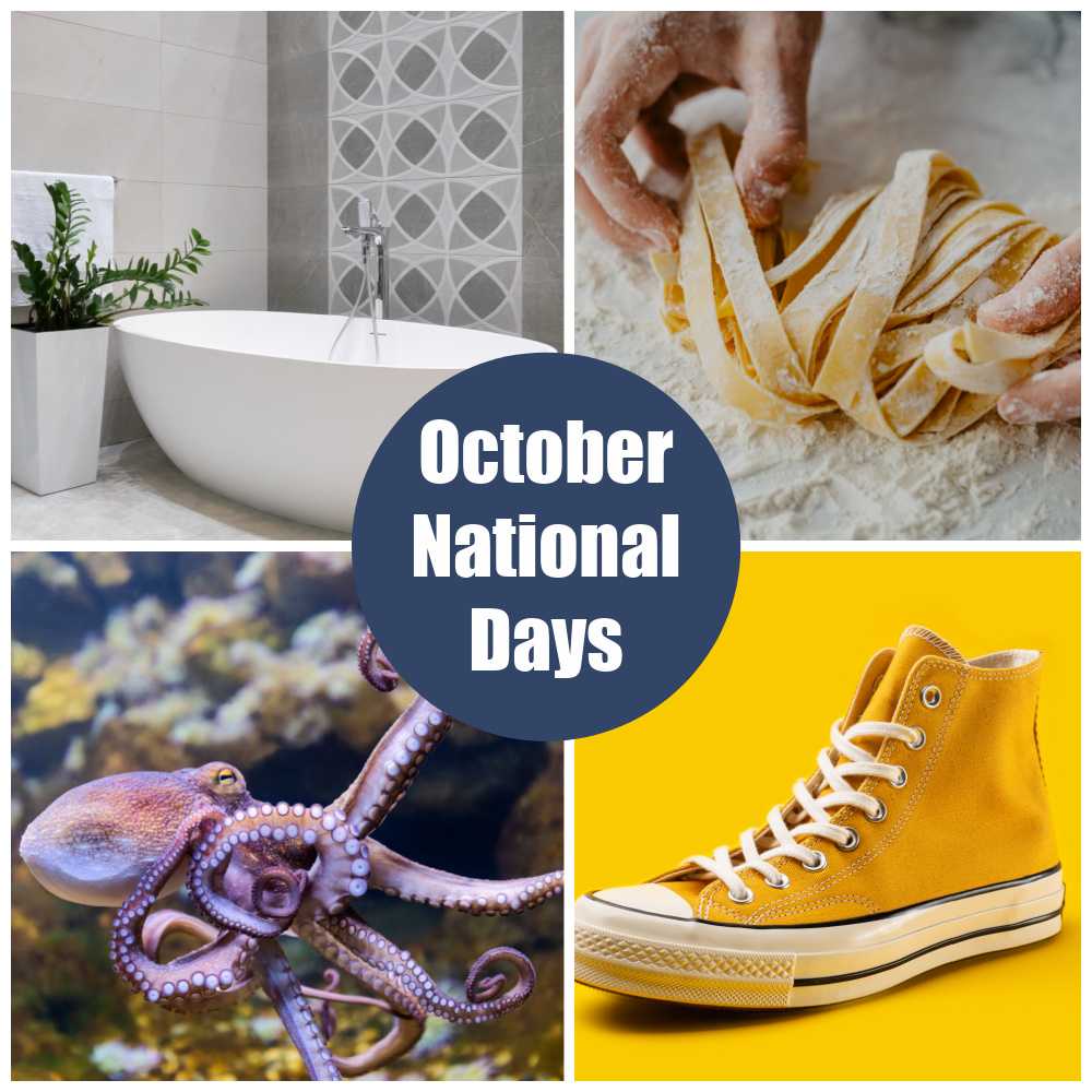 October National Days Bathtub, pasta making, octopus, and yellow sneaker in a collage with words October National Days.