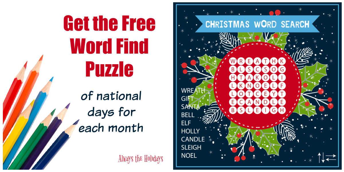 Get the free word search puzzles Christmas word search puzzle with colored pencils.