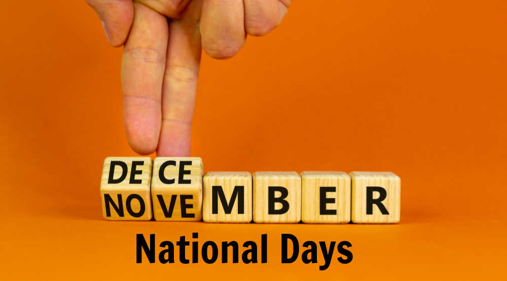 Discover the December National Days Hand turning letter tiles and words December National Days.