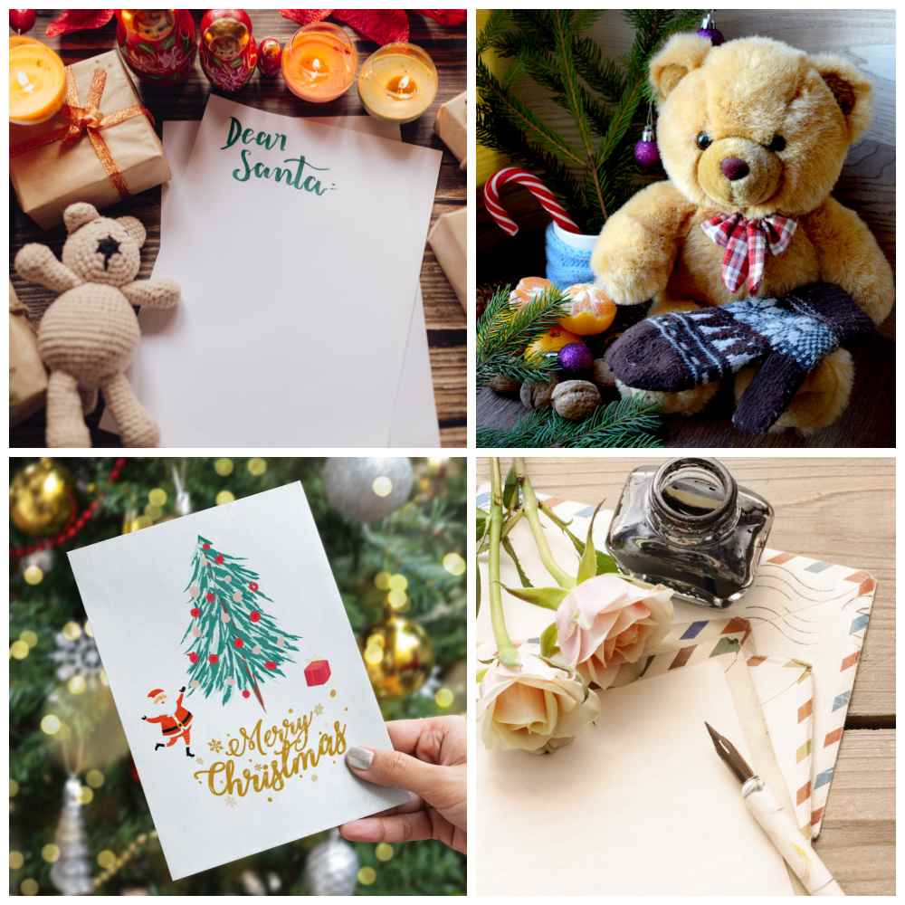 Four National Days in December to Celebrate Santa's letter. mittens for mitten tree with Teddy Bear, Christmas card, and vintage letter and pen in a collage.