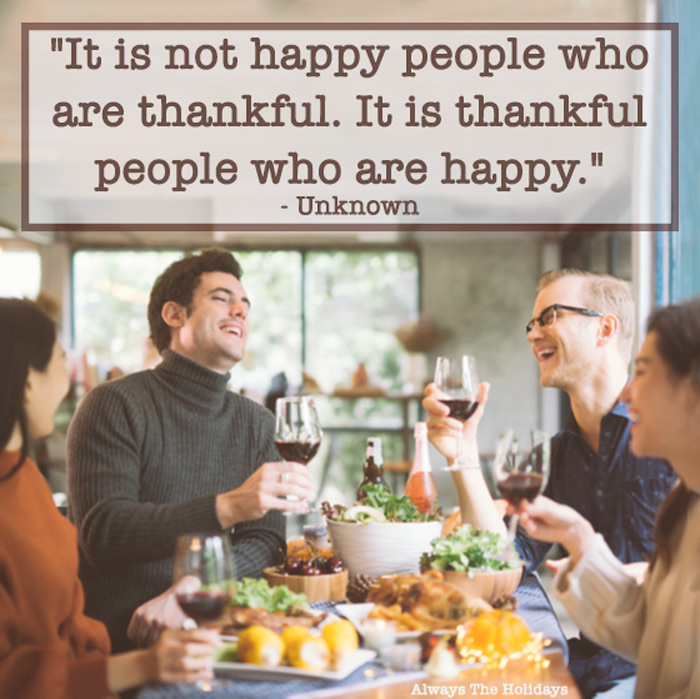 A table of friends laughing and having dinner with a thankful quotes for Thanksgiving text overlay.