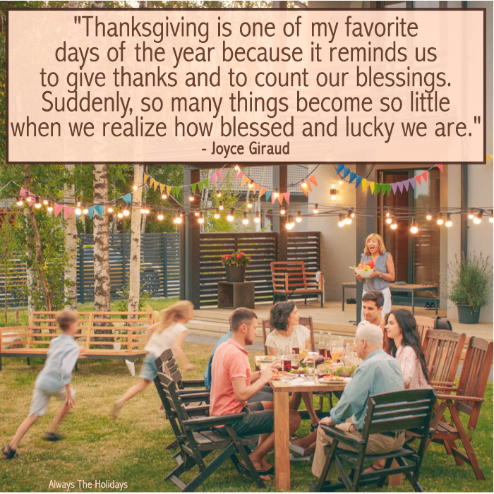 A family sitting around a table in the backyard with two children running and a text overlay.