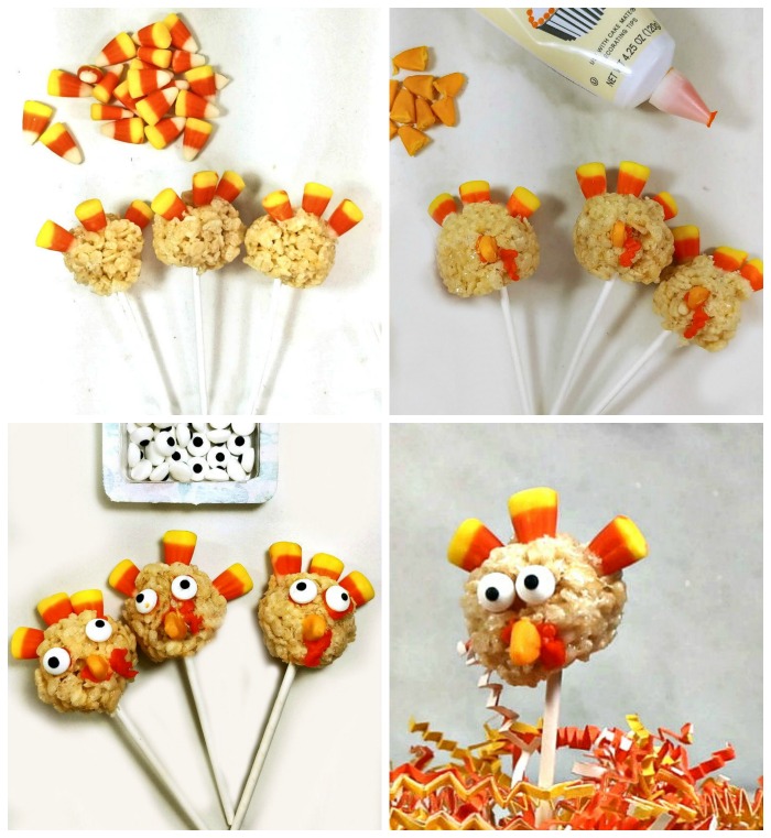Making Rice Krisipie turkey pops Adding candy corn, frosting and edible eyes to Rice Krispie balls to form turkey shapes.