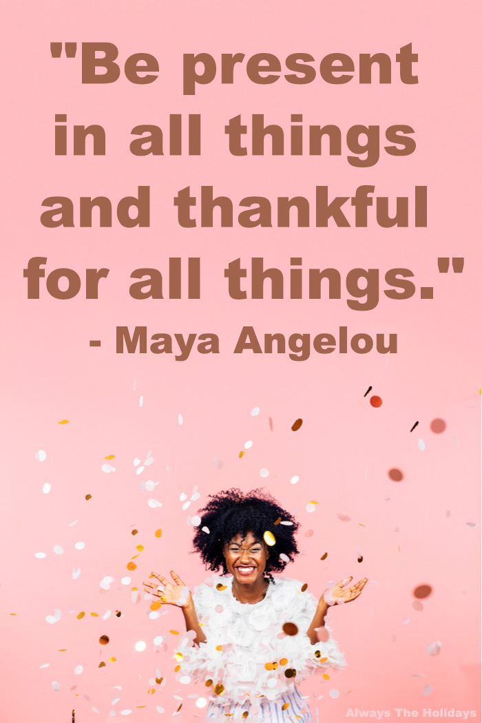 A woman throwing confetti in the air against a pink wall with a Maya Angelou quote about gratitude in a text overlay on top of the image.