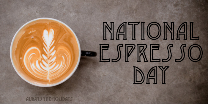 A latte on a grey background with a text overlay that says "National Espresso Day". A latte on a grey background with a text overlay that says "National Espresso Day".