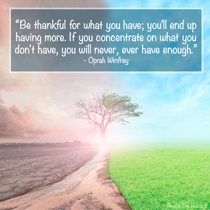 A path leading up to a tree with one side of the image in shadow and ruin and the other side beautifully growing with an Oprah Winfrey thankfulness Thanksgiving quote text overlay.