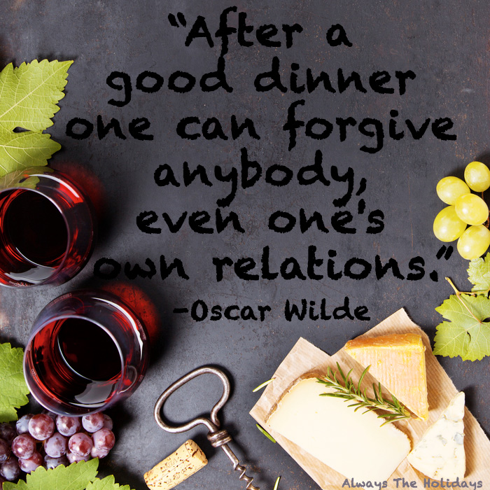 A slate background with wine and cheese around the border, and a Thanksgiving quote for family in the center of the photo.