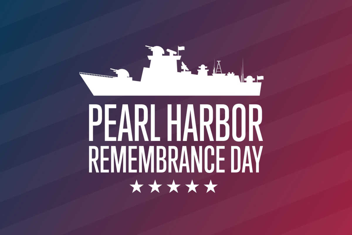 Pearl Harbor Remembrance Day Ship on a purple background with words Pearl Harbor Remembrance Day.
