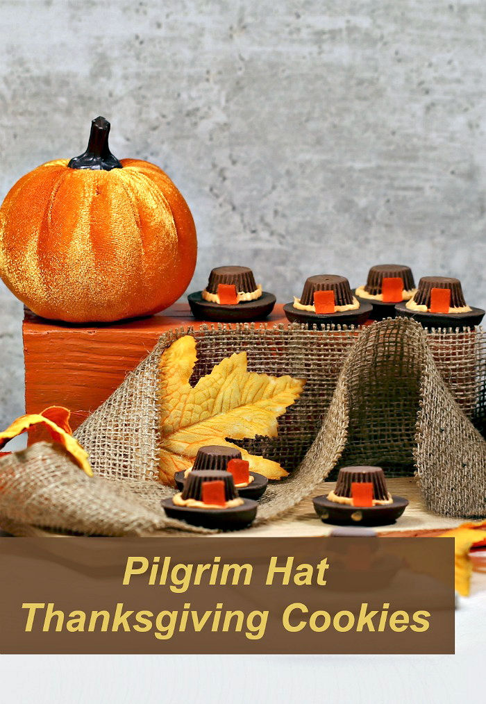 Pilgrim hat Thanksgiving cookies Thanksgiving display with pumpkins, burlap and leaves and words reading "pilgrim hat Thanksgiving cookies."