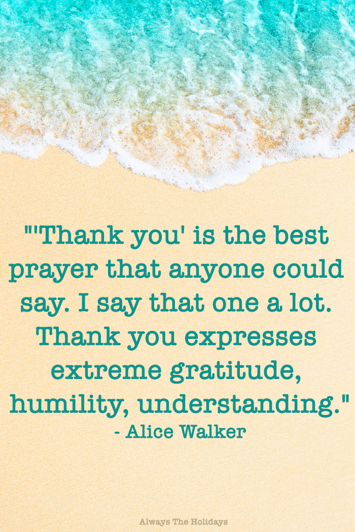 A religious Thanksgiving quotes text overlay over a beach tide rolling onto the sand.