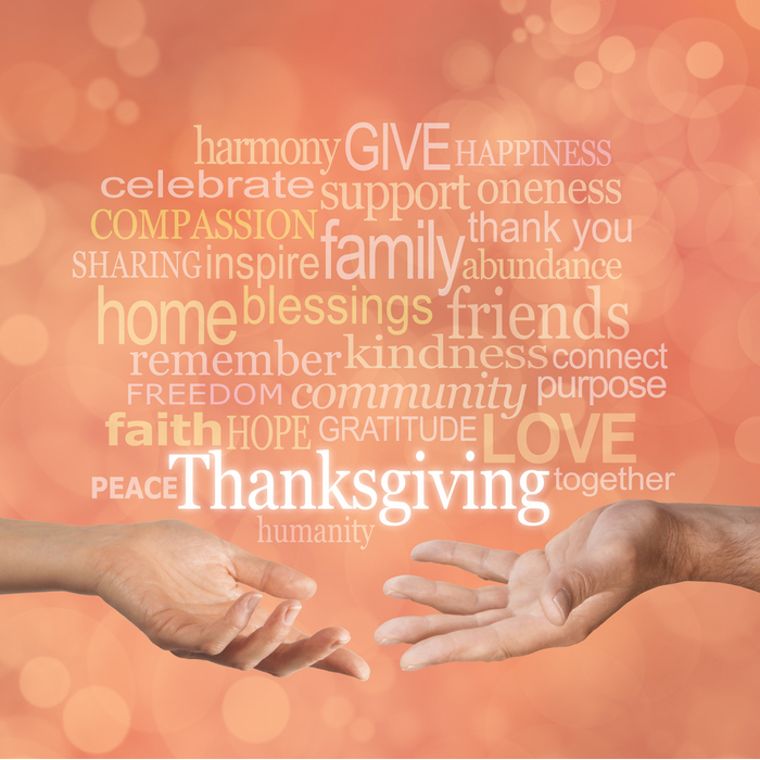 Two hands reaching out to each other with the many words about Thanksgiving, hope, love, and gratitude above them.