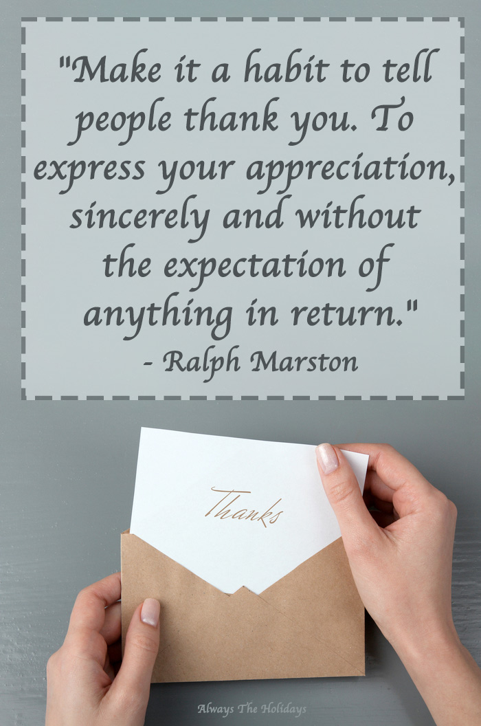 Hands taking a thank you note out of an envelope with a Thanksgiving quote text overlay about gratitude.