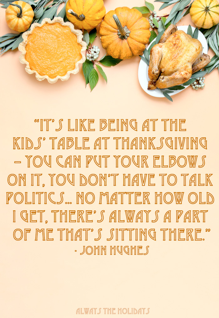A peach background with a top border of Thanksgiving foods and a Thanksgiving quotes about family in a text overlay.