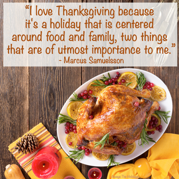 A festive Thanksgiving turkey with fall decor around it and a Thanksgiving quotes for family in a text overlay.
