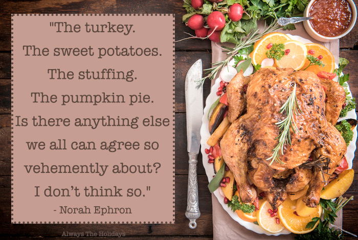 On the left is a Thanksgiving message about food, and on the right is a cooked Turkey dinner.