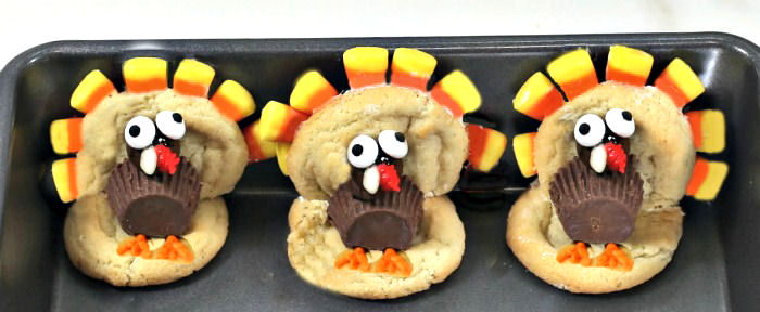 Finished turkey cookies sitting in a baking pan
