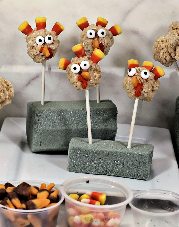 Turkey pops in blocks of foam. Turkey Rice Krispie pops in foam.