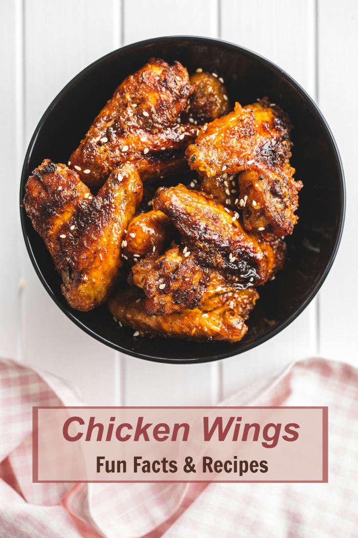 chicken wing fun facts. Recipe for Super Chicken Wing Day: Bowl of chicken wings with words reading "chicken wings fun facts and recipes."
