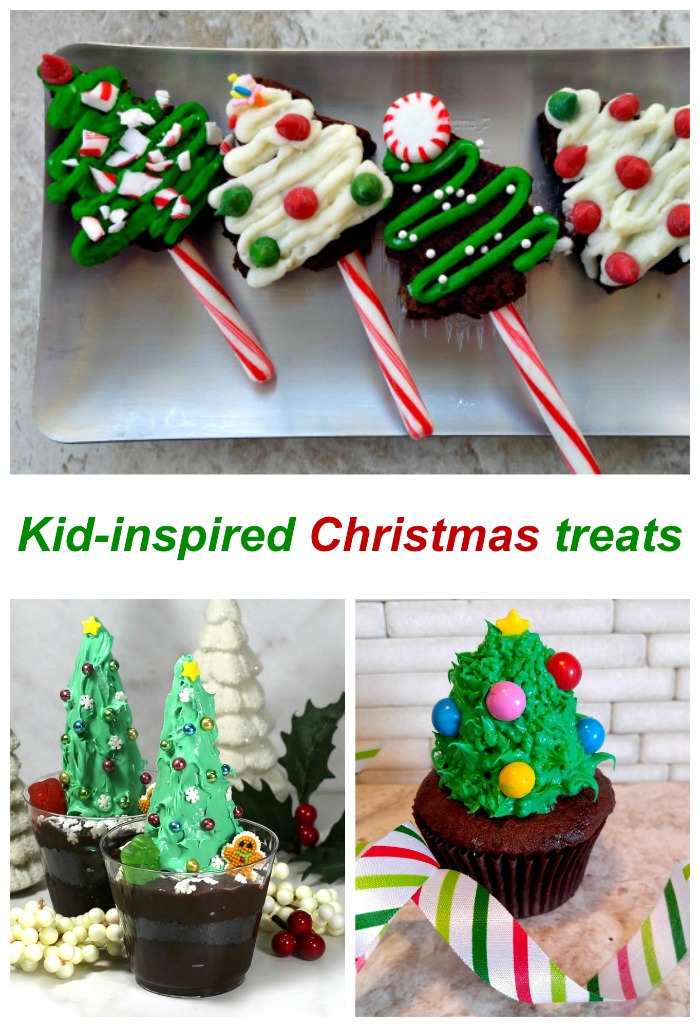 Kid inspired Christmas treats. Brownies, dirt cups and cupcakes decorated like Christmas trees with words reading "Kid inspired Christmas treats.".