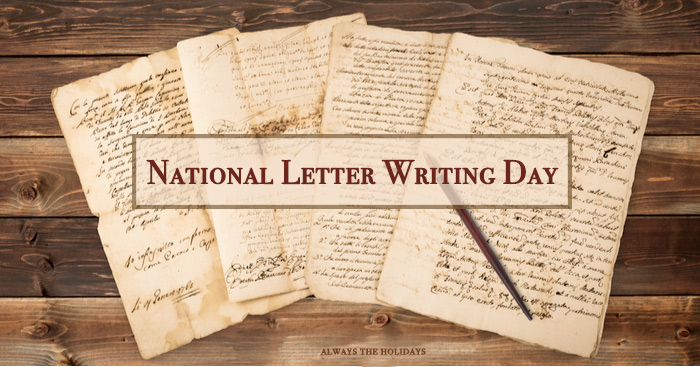 Four vintage letters and an ink pen on a table with a text overlay reading "National Letter Writing Day".