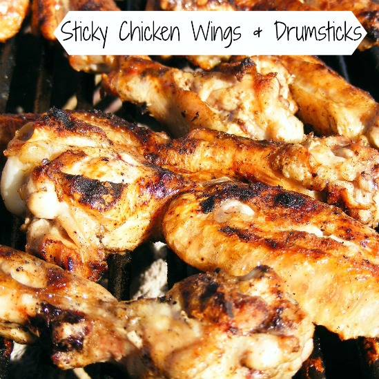 Sticky chicken wings with text overlay.