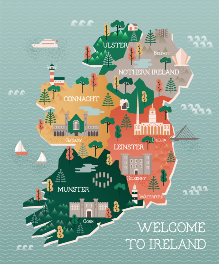 A cute cartoon map of Ireland with vector images on it. A cute cartoon map of Ireland with vector images on it.