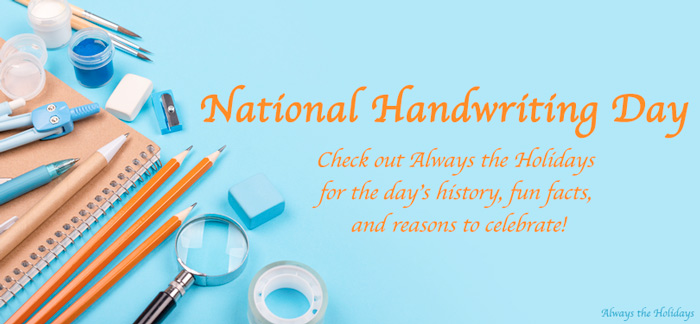 School supplies on a blue background with a National Handwriting Day text overlay. Pencils and other school supplies on a blue background with a text overlay for National Handwriting Day.