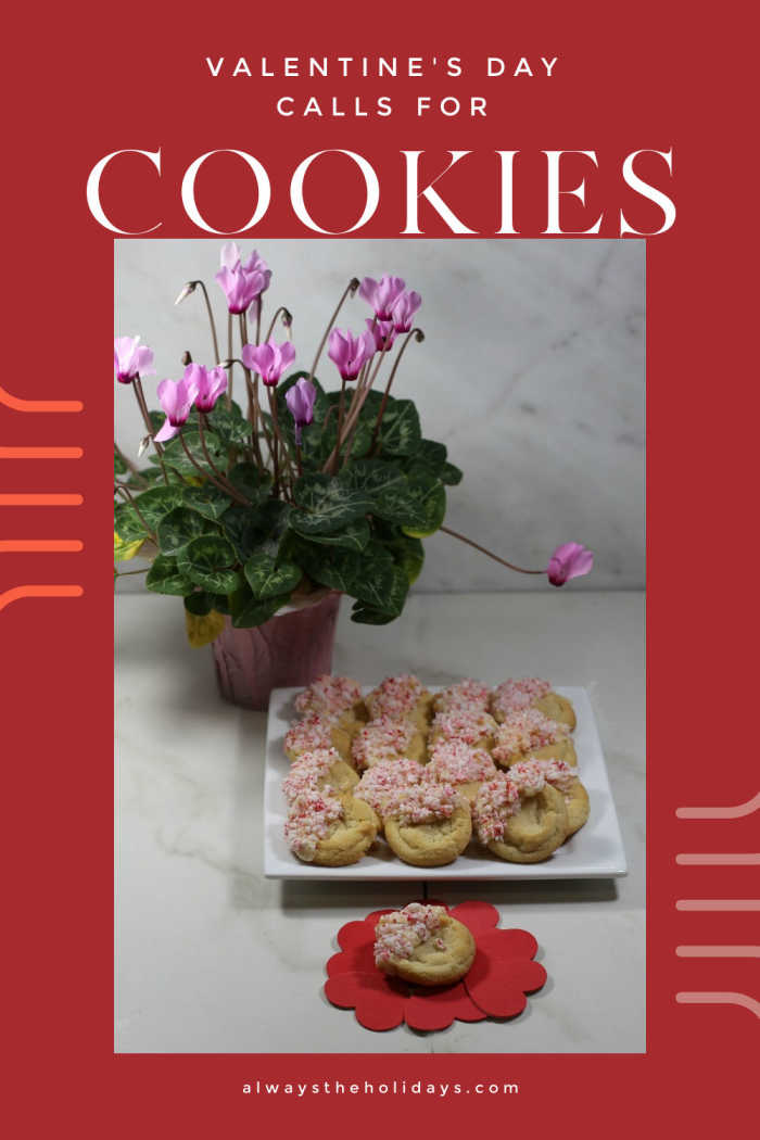 Valentine's Day peppermint cookies. Cyclamen plant with plate of cookies and words reading "Valentine's Day calls for cookies