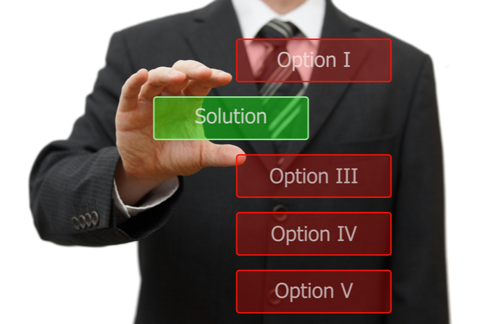 A business man who is trying to pick the best new years resolution from a list of choices.