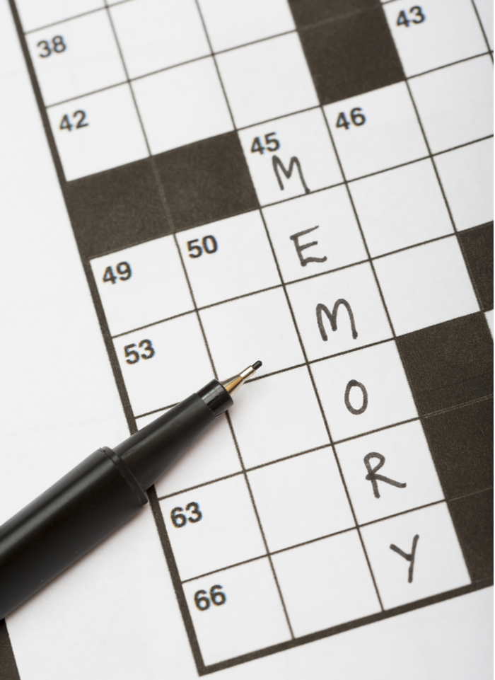 A crossword puzzle that reads "memory". A crossword puzzle with the word "memory" filled in to illustrate that puzzles improve memory.