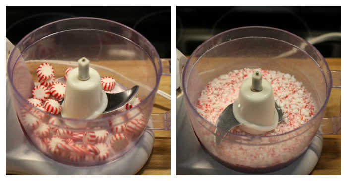 Crushing peppermint candies. Peppermint candies in a food processor and peppermint crumbs collage.