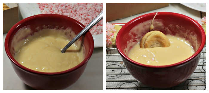 Dipping cookies in white chocolate. ;Melted white chocolate in a bowl and cookie dipped in white chocolate.