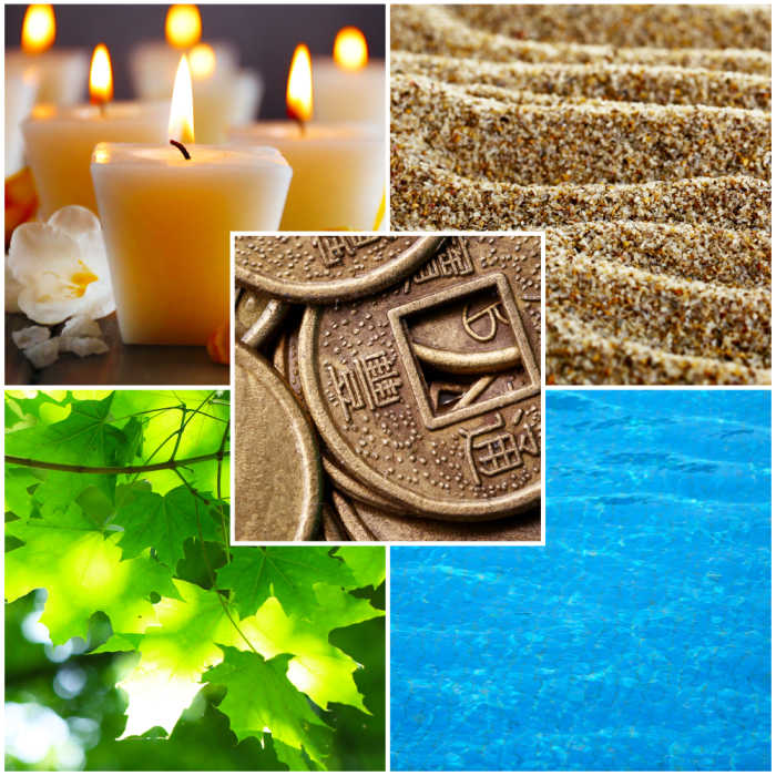 Feng shui collage with five elements. A collage of Feng Shui destructive cycle with five elements (water, wood, fire, earth, metal)