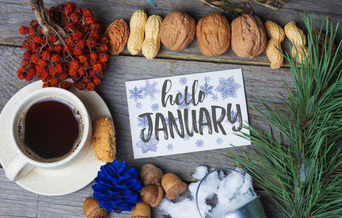 Hello January! Nuts and coffee with words Hello January.