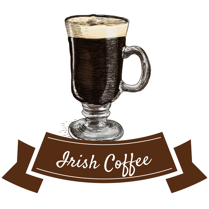 A cute cartoon map of Ireland with vector images on it. Irish coffee in a glass mug with a banner that reads "Irish Coffee"