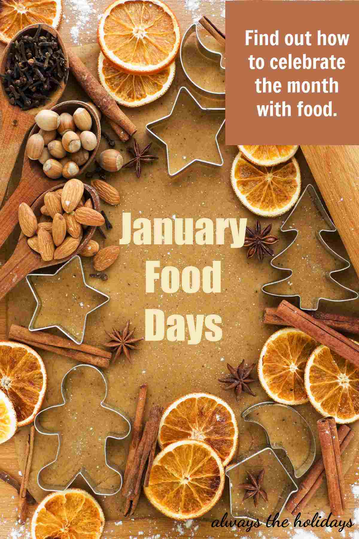 Get the List of Food Holidays in January. Orange slices and seeds with words January Food Days.