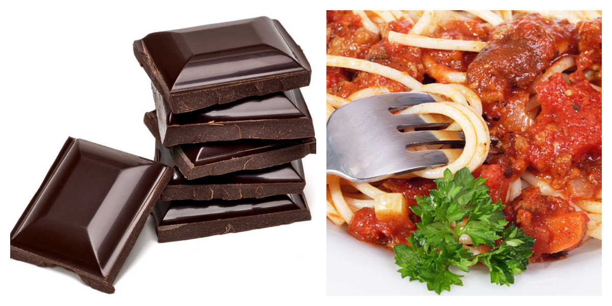 Two tasty January food days Bittersweet chocolate and spaghetti in a collage.