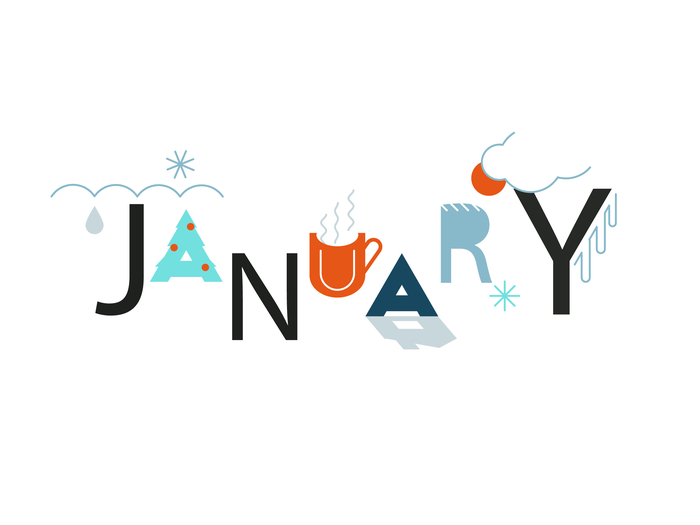 The word "January" with cartoon letters. The word "January" in cartoon letters resembling the national days in January.