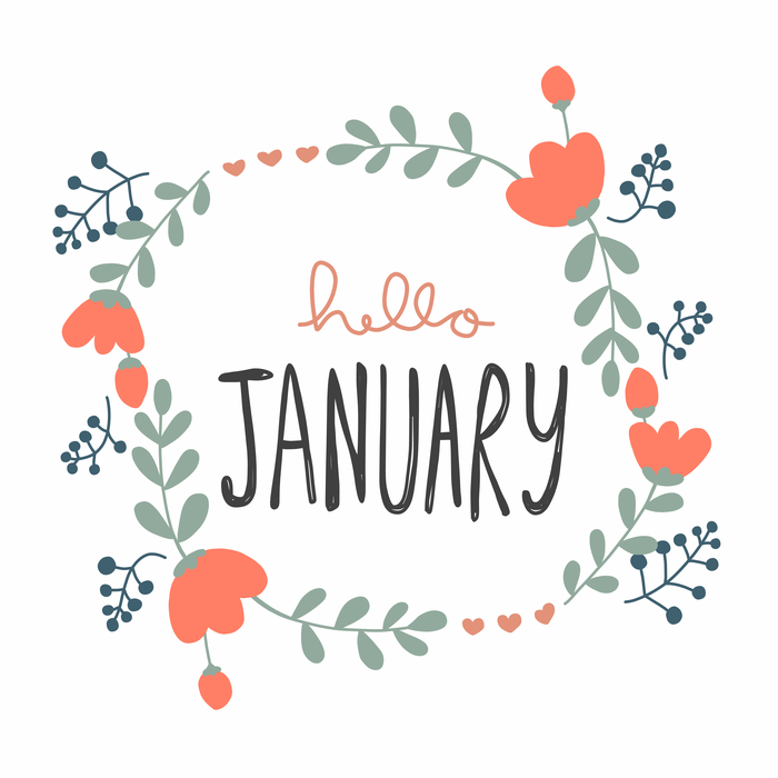 A "Hello January" graphic with carnations around it. A graphic that says "Hello January" with January's birth flower the carnation around it.