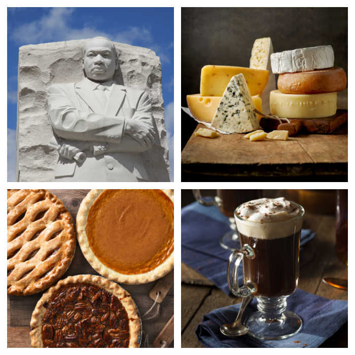 4 National Days in January Martin Luther statue, cheese stack., pies and iced coffee in a collage.