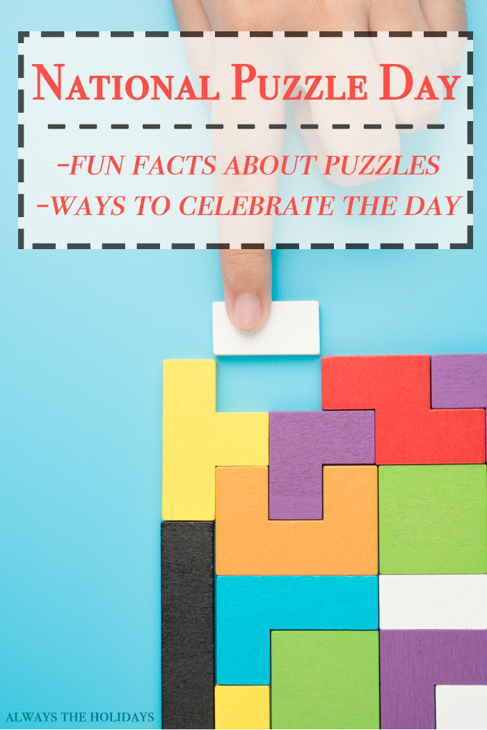 Block puzzle with National puzzle day text overlay. A rainbow block puzzle with a text overlay that reads "National Puzzle Day jigsaw puzzle facts and ways to celebrate the day".