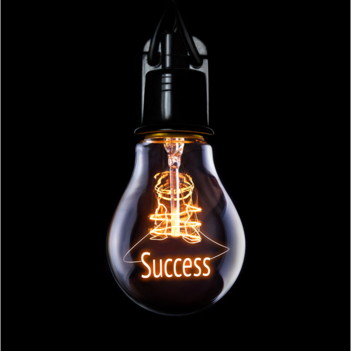 A lightbulb that reads "success" shining for someone who found the best New Year's resolution.