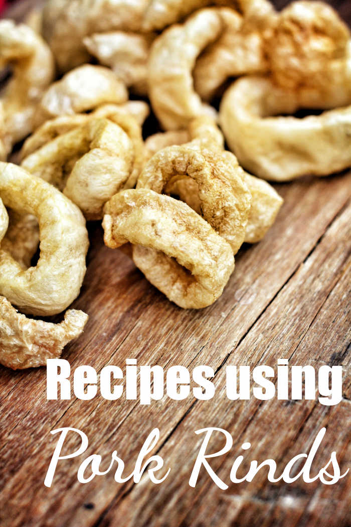 Recipes using pork rinds. Porl rinds on a wooden board with text reading "recipes using pork rinds." Try some for Pork Rind Appreciation Day