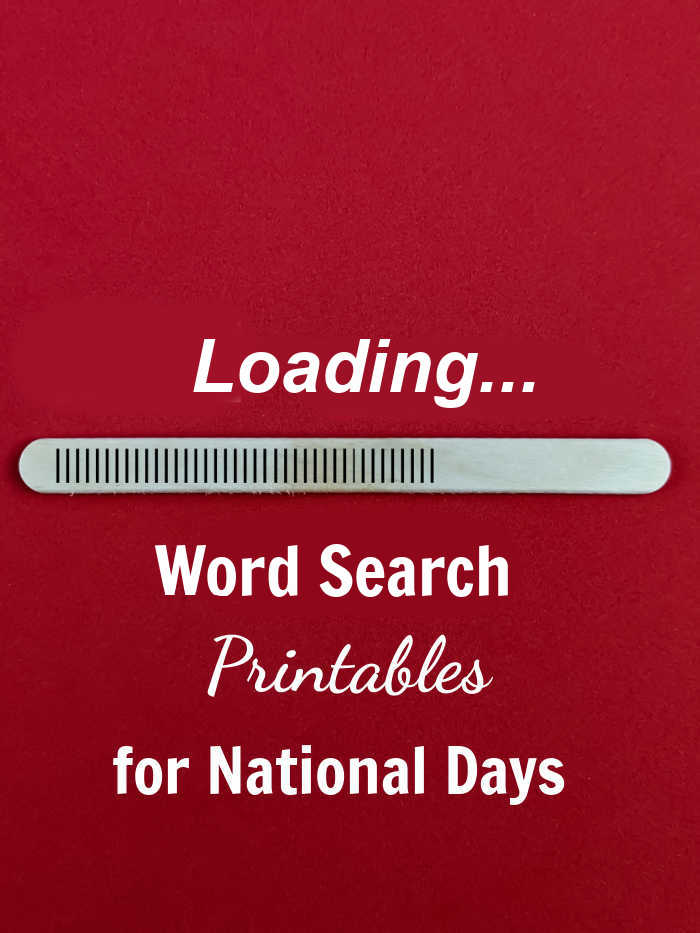 Red background with words loading...word search printable for national days.