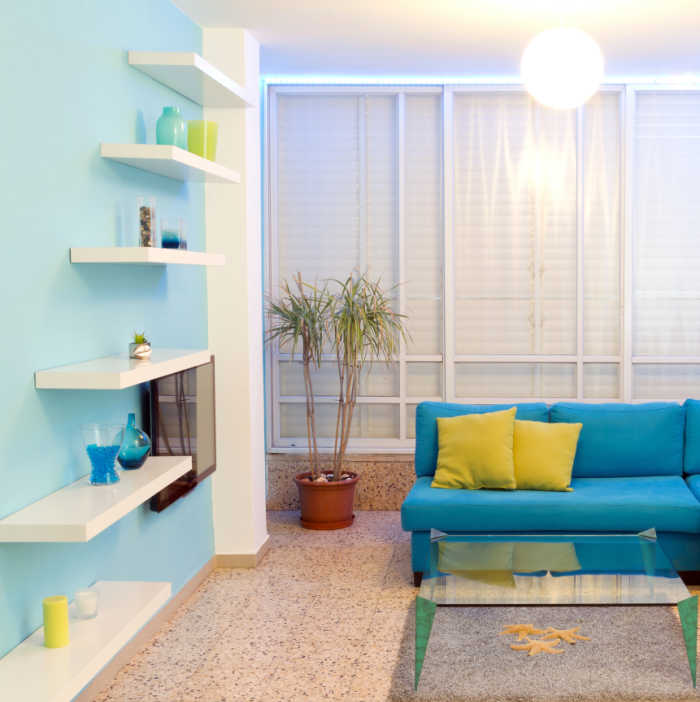 Feng shui decorated room. Room decorated in blue and yellow.