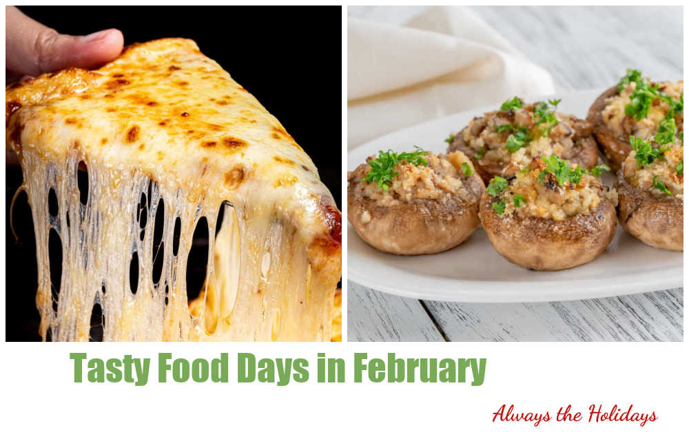 Two Tasty Food Days in February Pizza and stuffed mushrooms with words Tasty Food Days in February.